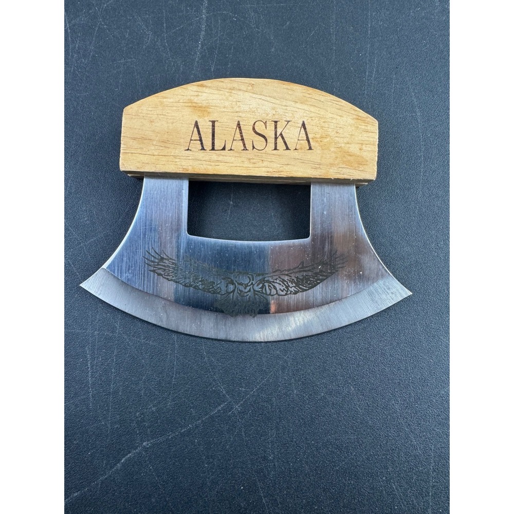 Alaskan Ulu Knife Stainless Steel Curved Blade Wood Handle Eagle Etched Alaska